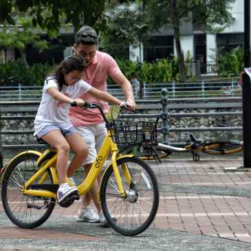 father, dad, girl, bicycle