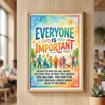 Colorful framed poster with the text: Everyone is important. No matter who you are, where you come from, or what your journey. You belong. You matter. Every individual brings unique value to the world, with diverse people and a dog illustration.
