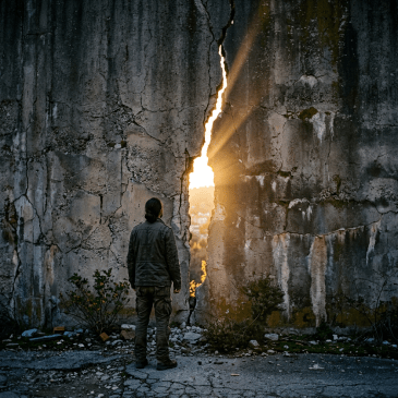 Man facing a cracked concrete wall with sunlight shining through the gap.